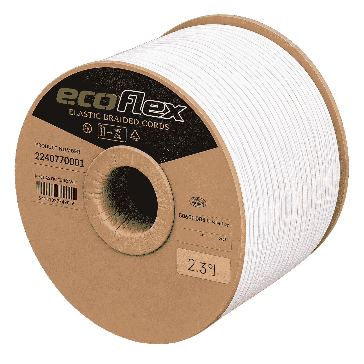 Expanderseil 6mm Ecoflex: weißes geflochtenes Seil auf brauner Papprolle mit Ecoflex-Etikett, freigestellt