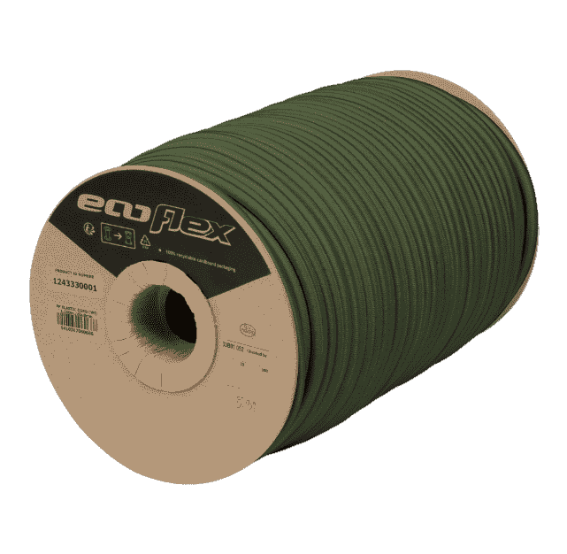 Expanderseil 10mm Ecoflex: olivgrünes Gummiseil dicht auf eine braune Papprolle mit Ecoflex-Etikett gewickelt