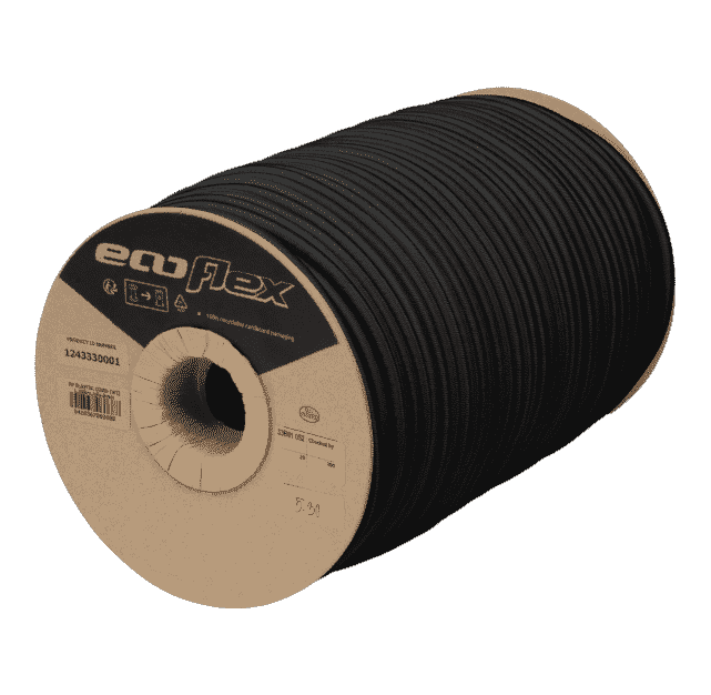 Expanderseil 8mm Ecoflex: schwarzes Gummiseil dicht auf eine braune Papprolle mit Ecoflex-Aufdruck gewickelt – auf Rollen erhältlich für flexible Meterware nach Bedarf